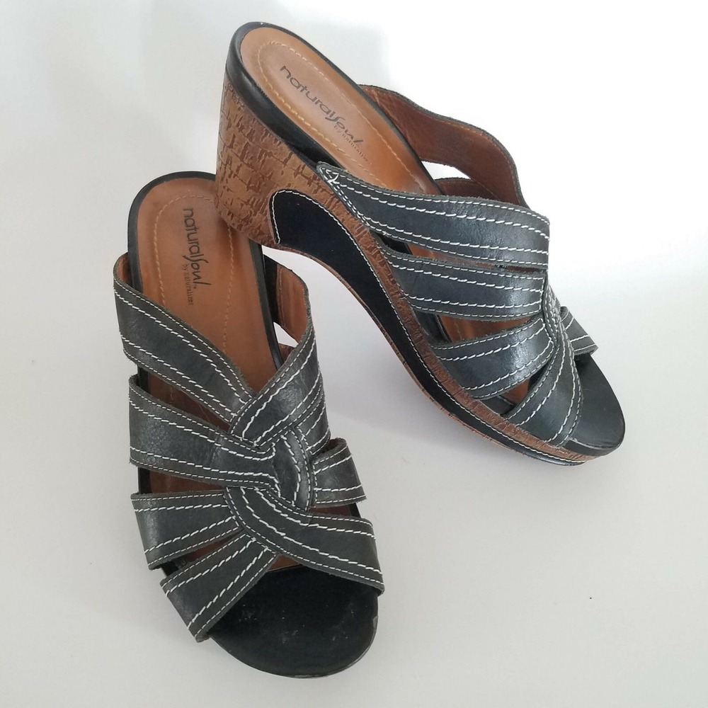 Naturalizer Natural Soul Sandal Size 9.5M Black Leather Lynette Wedge Open Toe‎